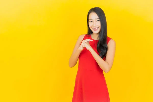 Portrait Beautiful Young Asian Woman Wear Red Dress Smile Action — Stock Photo, Image