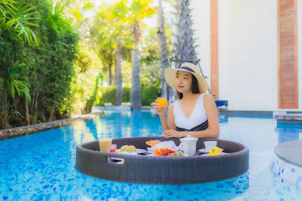 Portrait Beautiful Young Asian Woman Happy Smile Floating Breakfast Tray — Stock Photo, Image