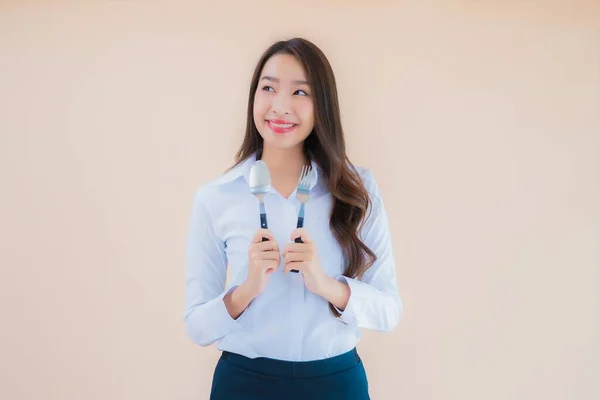 Portrait Beautiful Young Asian Business Woman Spoon Fork Ready Eat — Stock Photo, Image