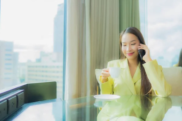 Portrait Beautiful Young Asian Woman Work Home Table View Room — Stock Photo, Image