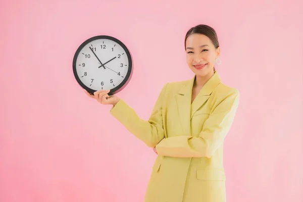 Portrait Beautiful Young Asian Business Woman Show Clock Alarm Color — Stock Photo, Image