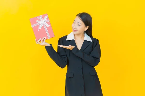 Portrait Beautiful Young Asian Woman Smile Red Gift Box Color — Stock Photo, Image