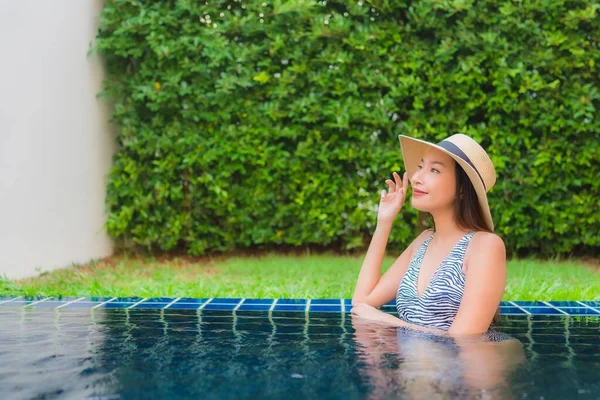 Portrait Beautiful Young Asian Woman Happy Smile Relax Outdoor Swimming — Stock Photo, Image