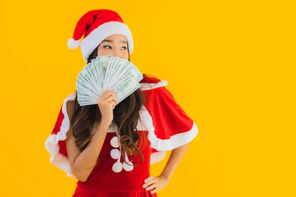 Portrait Beautiful Young Asian Woman Wear Christmas Clothes Hat Cash — Stock Photo, Image