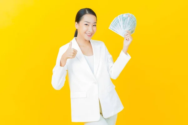 Portrait Beautiful Young Asian Woman Smile Lot Cash Money Color — Stock Photo, Image