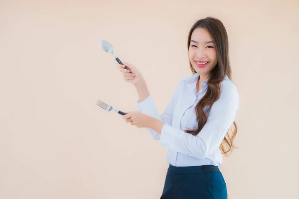 Portrait Beautiful Young Asian Business Woman Spoon Fork Ready Eat — Stock Photo, Image