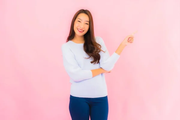 Portrait Beautiful Young Asian Woman Smile Action Pink Isolated Background — Stock Photo, Image