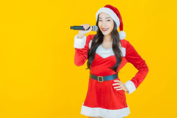 Portrait Beautiful Young Asian Woman Wear Christmas Costume Microphone Singing — Photo