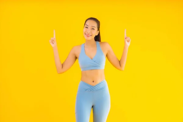 Portrait Beautiful Young Asian Sport Woman Sportwear Ready Exercise Yellow — Stock Photo, Image