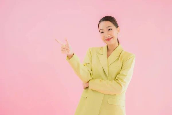 Portrait Beautiful Young Asian Business Woman Smile Action Pink Color — Stock Photo, Image