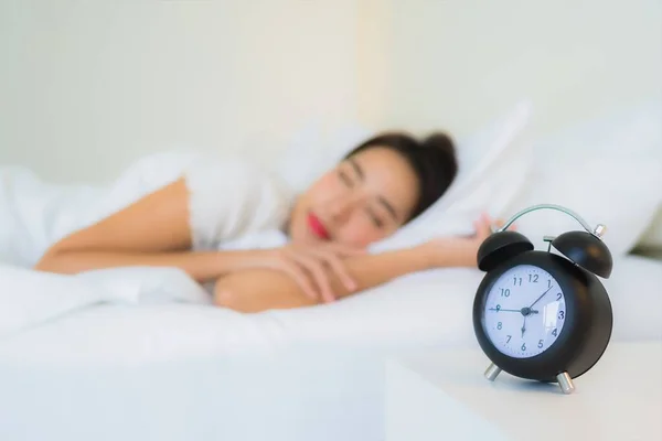 Portrait Beautiful Young Asian Woman Sleep Bed Clock Bedroom Interior — Stock Photo, Image