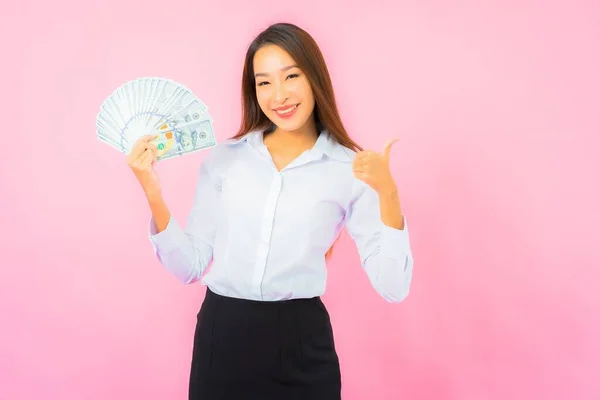 Portret Mooie Jonge Aziatische Vrouw Met Veel Geld Geld Roze — Stockfoto