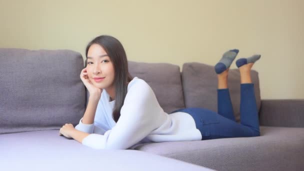 Footage Beautiful Asian Woman Relaxing Home — Stock Video