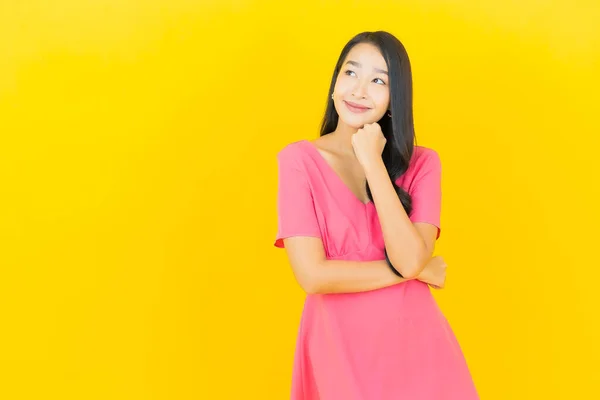 Portrait Beautiful Young Asian Woman Smile Action Yellow Color Background — Stock Photo, Image