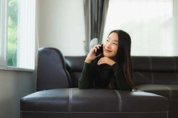 Portrait Beautiful Young Asian Woman Use Smart Mobile Phone Cellphone — Stock Photo, Image