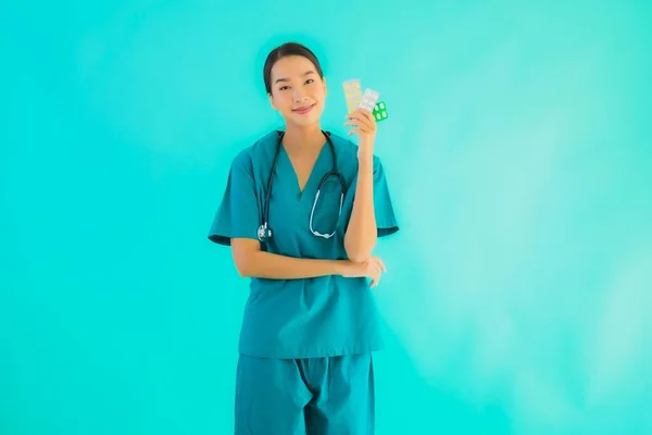 Portrait Beautiful Young Asian Doctor Woman Pill Drug Medicine Blue — Stock Photo, Image