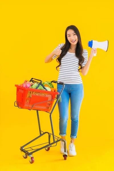 Retrato Bela Jovem Asiático Mulher Com Supermercado Cesta Carrinho Megafone — Fotografia de Stock