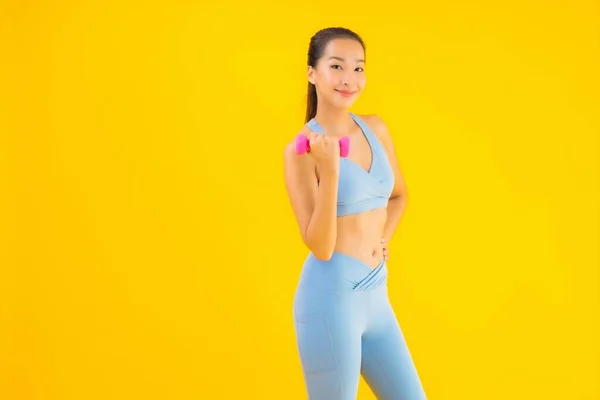 Portrait Beautiful Young Asian Woman Dumbbell Sportwear Ready Exercise Yellow — Stock Photo, Image