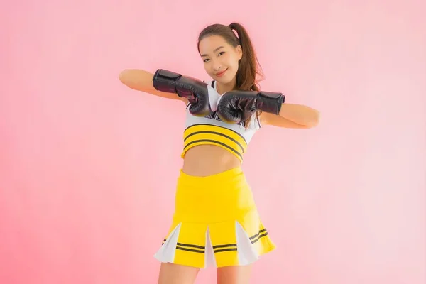 Portrait Beautiful Young Asian Woman Cheerleader Boxing Action Pink Isolated — Stock Photo, Image