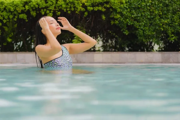 Portrait Beautiful Young Asian Woman Relax Smile Outdoor Swimming Pool — Stock Photo, Image