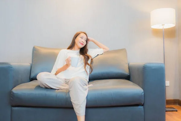 Portrait Beautiful Young Asian Woman Relax Sofa Living Room Interior — Stock Photo, Image