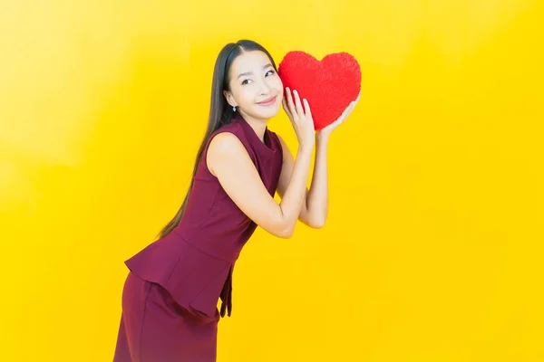 Portrait Beautiful Young Asian Woman Smile Red Gift Box Color — Stock Photo, Image