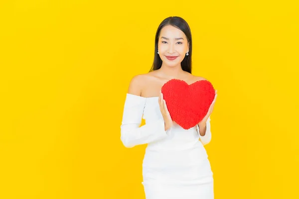 Portrait Beautiful Young Business Asian Woman Heart Pillow Shape Yellow — Stock Photo, Image
