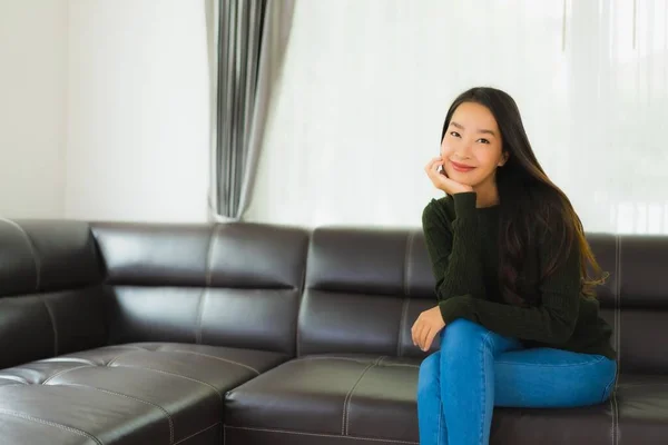 Beautiful Portrait Young Asian Woman Sit Relax Sofa Living Room — Stock Photo, Image