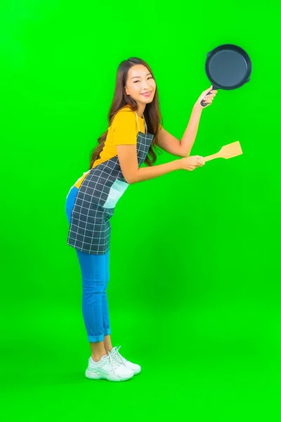 Portrait Beautiful Young Asian Woman Wear Apron Action Green Isolated — Stock Photo, Image