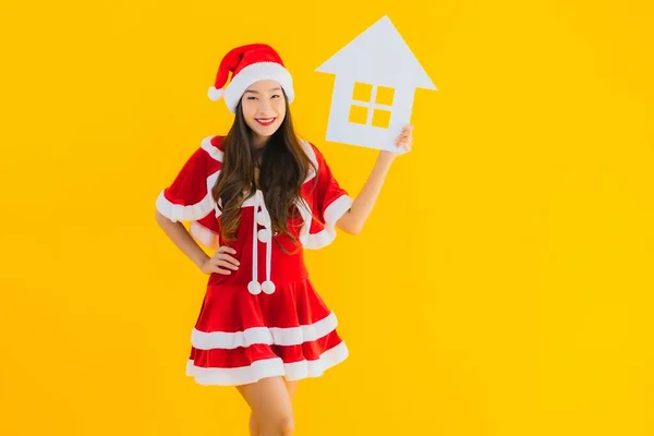 Retrato Bonito Jovem Asiático Mulher Desgaste Natal Roupas Chapéu Mostrar — Fotografia de Stock