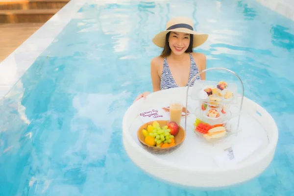 Portrait Beautiful Young Asian Woman Enjoy Afternoon Tea Breakfast Floating — Stock Photo, Image