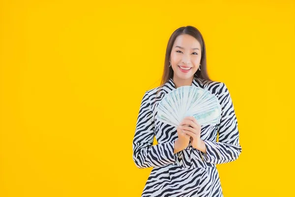 Portrait Beautiful Young Asian Woman Lot Cash Money Yellow Isolated — Stock Photo, Image