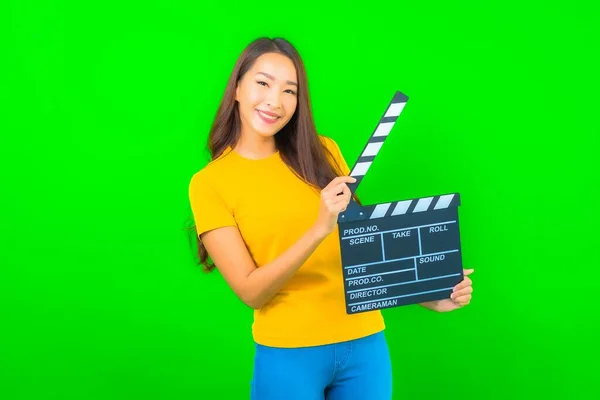 Portrait Beautiful Young Asian Woman Movie Clapper Green Isolated Background — Stock Photo, Image