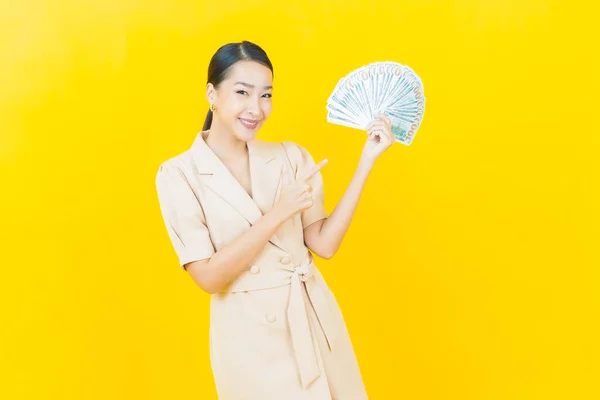 Portrait Beautiful Young Asian Woman Smile Lot Cash Money Color — Stock Photo, Image