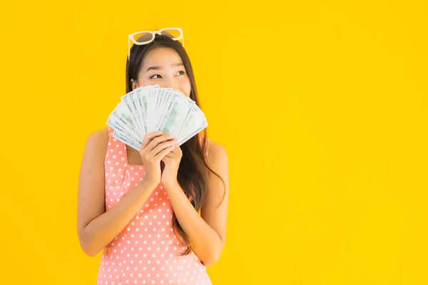 Portrait Beautiful Young Asian Woman Lot Cash Money Yellow Isolated — Stock Photo, Image