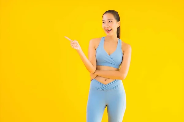 Portrait Beautiful Young Asian Sport Woman Sportwear Ready Exercise Yellow — Stock Photo, Image