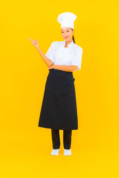 Portrait Beautiful Young Asian Woman Chef Cook Uniform Hat Yellow — Stock Photo, Image
