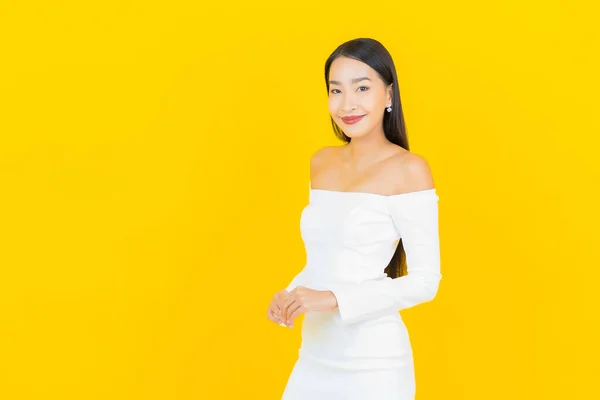 Portrait Beautiful Young Business Asian Woman Smile Action Yellow Background — Stock Photo, Image