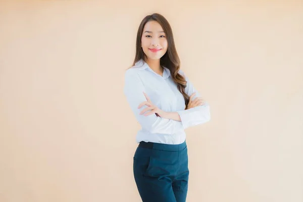 Portrait Beautiful Young Asian Business Woman Action Isolated Color Background — Stock Photo, Image