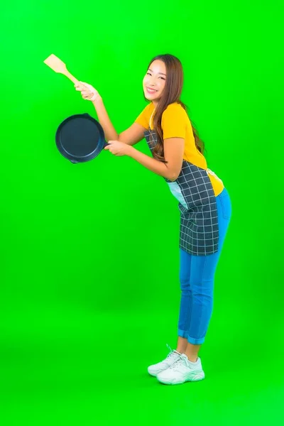 Portret Mooi Jong Aziatisch Vrouw Dragen Schort Met Actie Groen — Stockfoto