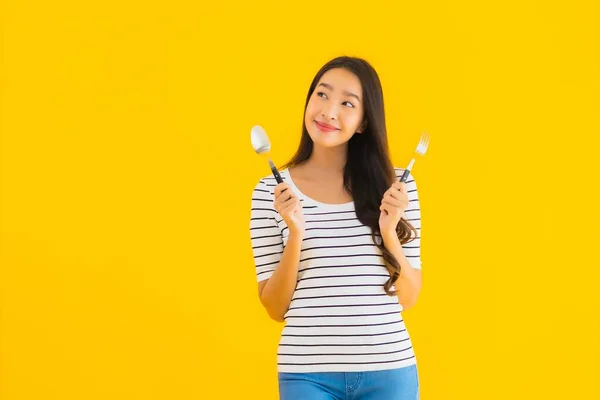 Retrato Bonito Jovem Asiático Mulher Mostrar Colher Garfo Pronto Para — Fotografia de Stock