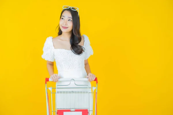 Retrato Bonito Jovem Asiático Mulher Sorriso Com Mercearia Cesta Supermercado — Fotografia de Stock