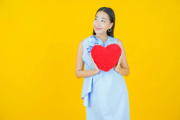 Portrait Beautiful Young Asian Woman Smile Heart Pillow Shape Color — Stock Photo, Image