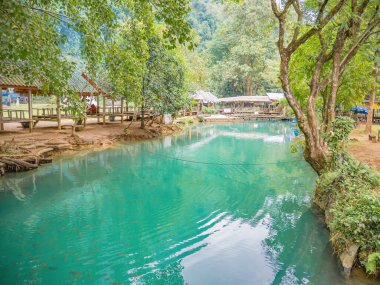 Beautiful nature and clear water of Blue lagoon at pukham cave vangvieng city Lao.Vangvieng City The famous holiday destination town in Lao.