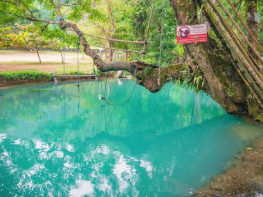 Beautiful nature and clear water of Blue lagoon at pukham cave vangvieng city Lao.Vangvieng City The famous holiday destination town in Lao.