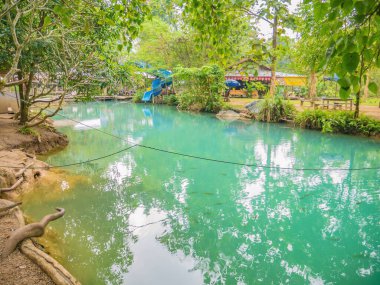 Vangvieng/lao-10 Dec 2017:Beautiful nature and clear water of Blue lagoon at pukham cave vangvieng city Lao.Vangvieng City The famous holiday destination town in Lao.