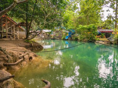 Vangvieng/lao-10 Dec 2017:Beautiful nature and clear water of Blue lagoon at pukham cave vangvieng city Lao.Vangvieng City The famous holiday destination town in Lao.