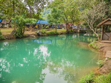Beautiful nature and clear water of Blue lagoon at pukham cave vangvieng city Lao.Vangvieng City The famous holiday destination town in Lao.