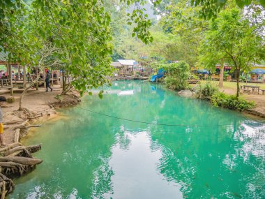 Vangvieng/lao-10 Dec 2017:Beautiful nature and clear water of Blue lagoon at pukham cave vangvieng city Lao.Vangvieng City The famous holiday destination town in Lao.