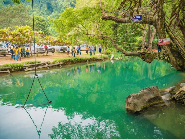 Vangvieng/lao-10 Dec 2017:Tourist with Beautiful nature and clear water of Blue lagoon at pukham cave vangvieng city Lao.Vangvieng City The famous holiday destination town in Lao.